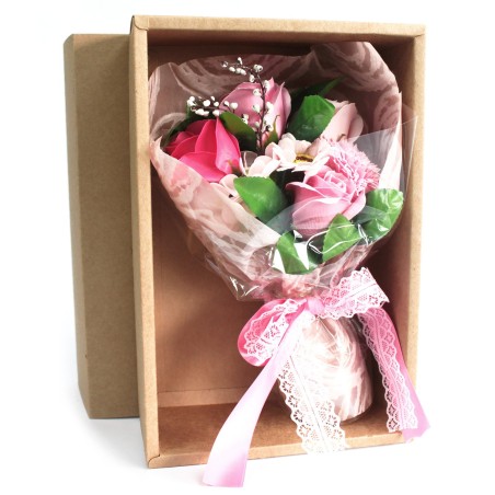 Bouquet fleurs savon en boîte - rose - 25x13x6cm