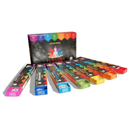 PREMIUM AYURVEDIC 7 CHAKRA INCENSE KIT Box of 7 packs of 15 bars with 7 incense holders