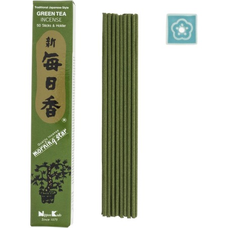 Japanischer Weihrauch Morgenstern Sandelholz Grüner Tee Grüner Tee Nippon Kodo (20g) 50 Riegel + Räuchergefäß