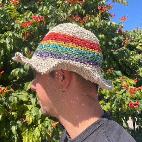 Sombrero de Festival Boho de Cáñamo y Algodón Tejido a Mano - Arcoíris