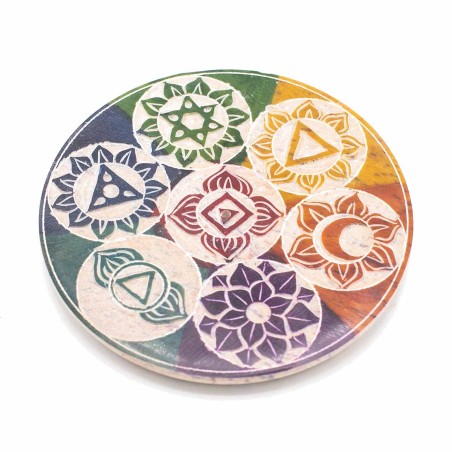 Speksteenschijf Wierookhouder 10cm - Zeven Chakra's - Gemaakt in India