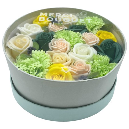Cutie Rotunda - Sarbatori Primavara - Galben si Verde - Buchet de Flori de Sapun - 19x8cm