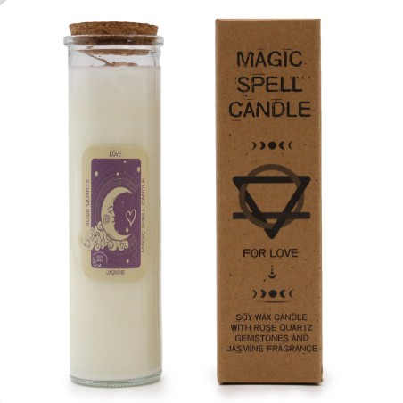 VELA HECHIZO MÁGICO - AMOR -  CON PIEDRAS PRECIOSAS DE CUARZO ROSA Y FRAGANCIA DE JAZMÍN