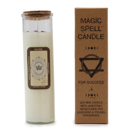 MAGIC SPELL CANDLE - SUCCESS - WITH AMETHYST GEMSTONES AND FENNEL FRAGRANCE