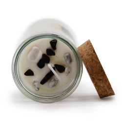 VELA HECHIZO MÁGICO - EQUILIBRIO - CON PIEDRAS PRECIOSAS DE ÁGATA NEGRA Y JASPE BLANCO E YLANG YLANG