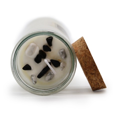 VELA HECHIZO MÁGICO - EQUILIBRIO - CON PIEDRAS PRECIOSAS DE ÁGATA NEGRA Y JASPE BLANCO E YLANG YLANG