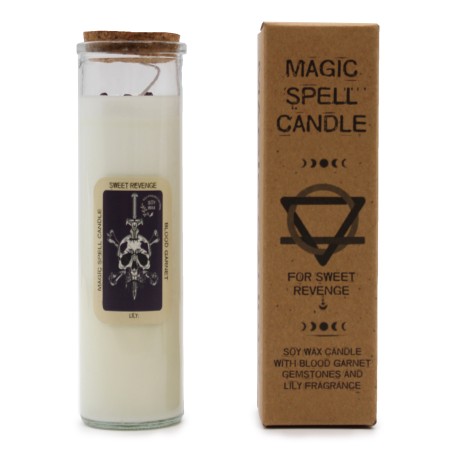 VELA HECHIZO MÁGICO - DULCE VENGANZA - CON PIEDRAS PRECIOSAS DE GRANATE DE SANGRE Y FRAGANCIA DE LIRIO