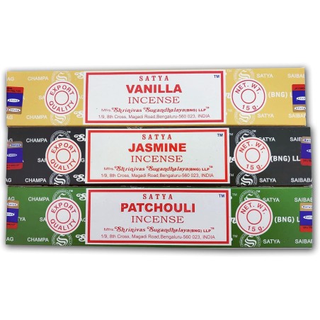 Aromatic Incense Pack x 3 Satya Incense Vanilla + Jasmine + Patchouli | Natural Incense Aromatherapy | 3 Boxes of 15 grs.
