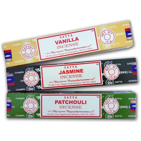Pack Encens Aromatique x 3 Encens Satya Vanille + Jasmin + Patchouli | Aromathérapie à l’encens naturel | 3 Boîtes de 15 grs.