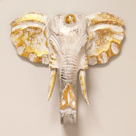 Cabeça de elefante grande - dourada e branca - fabricada na Indonésia