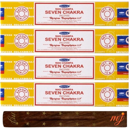 Lote de 4x Incenso SATYA Sete Chakras - Sete Chakra + 1 porta-incenso em madeira de manga