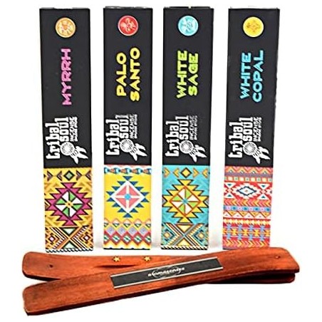 Lot Encens Tribal Soul - Mirra, Palo Santo, Salvia Blanca i Copal Blanc - 4 encensos + portainciensos