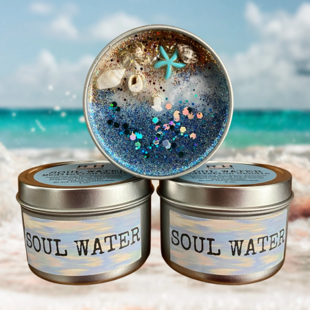 Candela in cera di soia fatta a mano | Profumo dell'oceano | Acqua dell'Anima | Con Cristalli | Il focolare di Raven | Prodotto