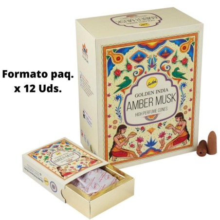 Conos Incienso Reflujo Almizcle de Ámbar - Amber Musk - Golden India - Paquetito de 12 conos