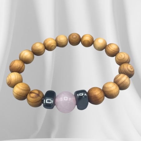Bratara din Lemn de Cedru - Chakra Inimii - Cuart Rose