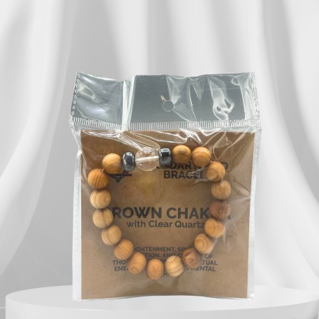 Pulsera de Madera de Cedro - Chakra Corona - Cuarzo Claro