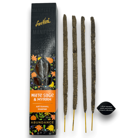 White Sage & Myrrh Abundance Incense Manifest Sree Vani White Sage & Myrrh Abundance - Tămâie manuală - 4 bețe