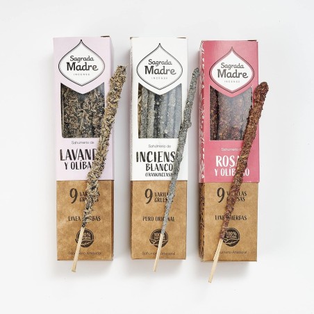 Pack 3 Incensos Ervas Naturais Linha Mãe Sagrada: Lavanda e Olíbano, Incenso Branco e Rosas e Olíbano
