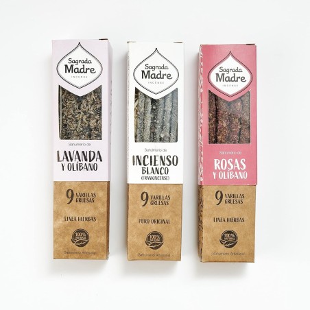 Pack 3 Inciensos Línea Herbal Natural Sagrada Madre: Lavanda y Olíbano, Incienso Blanco y Rosas y Olíbano