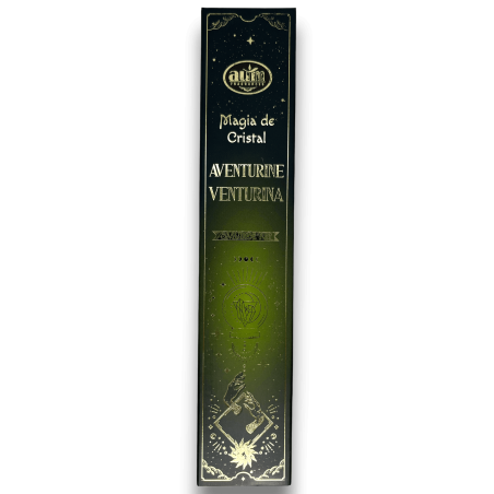Incienso Aventurina Magia de Cristal Aum Fragrances - Incienso con cajita de cristales de Aventurina Verde - 20gr.
