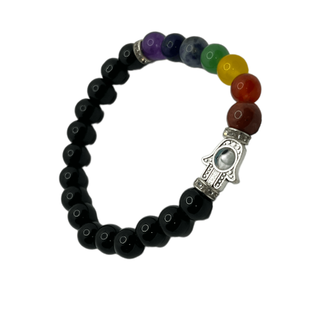 Obsidane Armband mit 7 Chakren und Hand von Fatima 8mm - HOSTENATURA - Energetisch, Antidepressivum, Traumata und vergangene Rei