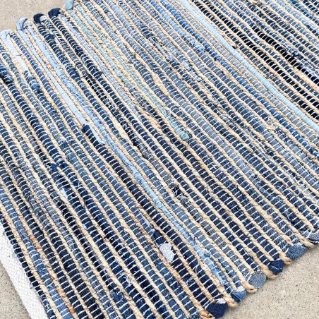 小さな敷物50x90ブルートーン-リサイクルコットンとジュート-インドで手作り