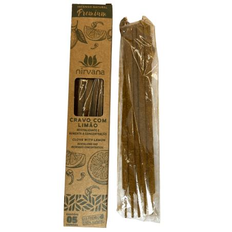Incienso Clavo con Limón Premium Nirvana Brasil Revitalizante y Aumento de la concentración - 5 varillas gruesas artesanales