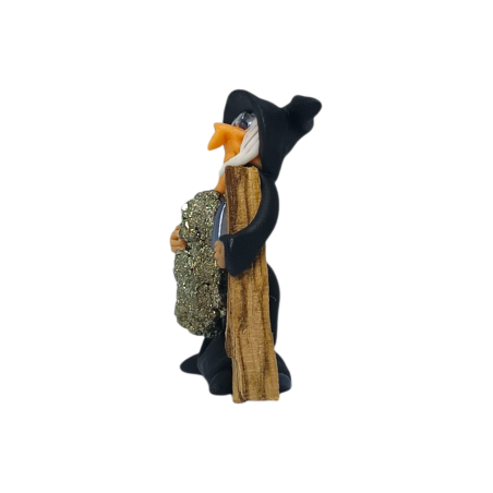 Bruxa com Palo Santo e Pirita 5cm Preto - Proteção, Limpeza, Sabedoria, Riqueza e Prosperidade