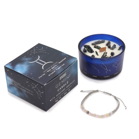 Vela del Zodiaco Géminis con Pulsera de Piedras Preciosas - Vela de Soja con Pulsera de Citrino, Cuarzo Rosa, Piedra Lunar - 22h
