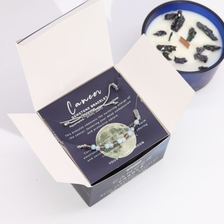 Cancer Zodiac Candle with Gemstone Bracelet - Soy Candle and Aquamarine, Smoky Quartz, Moonstone Bracelet - 22h