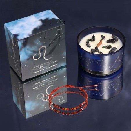 Candela Zodiacale Leone con Bracciale Pietre Preziose - Candela di Soia con Occhio di Tigre e Bracciale Corallo - 22h