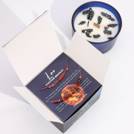 Vela do Zodíaco Leo com Pulseira de Pedras Preciosas - Vela de Soja com Olho de Tigre e Pulseira de Coral - 22h