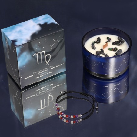 Vela del Zodiaco Virgo con Pulsera de Piedras Preciosas - Vela Soja y Pulsera de Piedra Amatista, Ágata Musgosa, Coralina - 22h