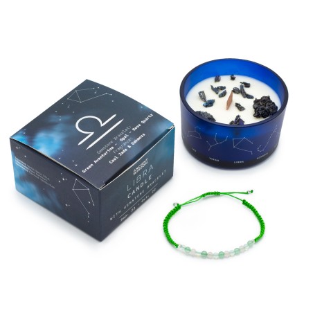 Weegschaal Zodiac Kaars met Edelsteen Armband - Soja Kaars met Groene Aventurijn Armband, Opaal, Rozenkwarts - 22h