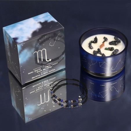Skorpionens Zodiakljus med Ädelstensarmband - Sojaljus och Obsidian, Granat, Rökkvarts Armband - 22h