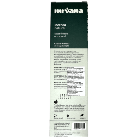 Incienso Vetiver y Cedro Natural Nirvana Brasil Estabilidad emocional - 9 varillas artesanales - Hecho en Brasil