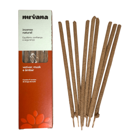 Incienso Vetiver, Almizcle i Ámbar Natural Nirvana Brasil Equilibri i Confiança - 9 varetes artesanals - Fet al Brasil