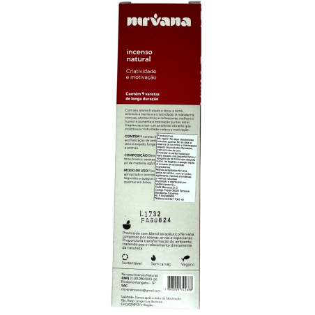 Inciens Granada i Mandarina Natural Nirvana Brasil Creativitat i Motivació - 9 varetes artesanals - Fet al Brasil