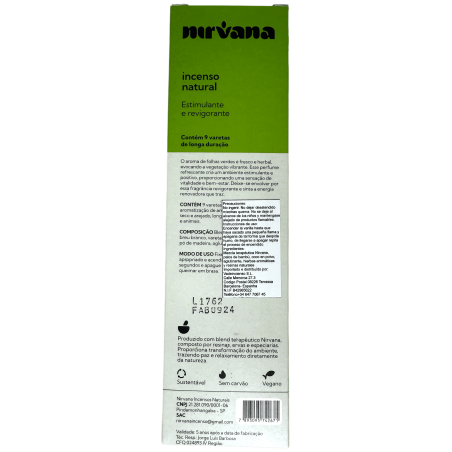 Tămâie naturală Nirvana Brazilia cu frunze verzi stimulatoare și răcoritoare - 9 bețișoare artizanale - Fabricat în Brazilia