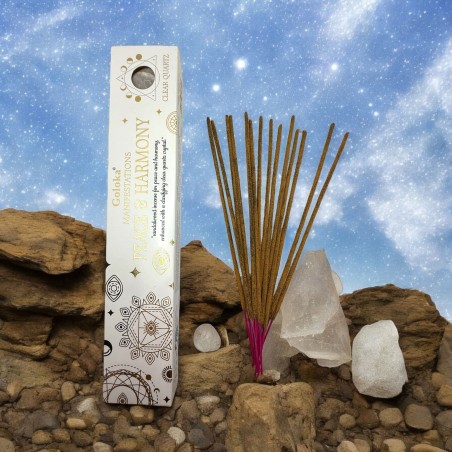 Encens Goloka Manifestations Peace and Harmony Encens Bois de Santal avec Quartz de Roche Minéral - 15gr.