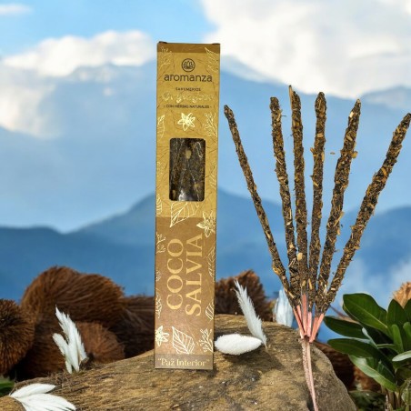 Afumătoare organică de nucă de cocos și salvie cu petale de ierburi naturale Aromanza Argentina - 6 bețișoare naturale - Inner P
