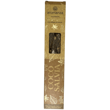 Sahumerio Orgánico Coco y Salvia con Pétalos de Hierbas Naturales Aromanza Argentina - 6 varillas naturales - Paz Interior