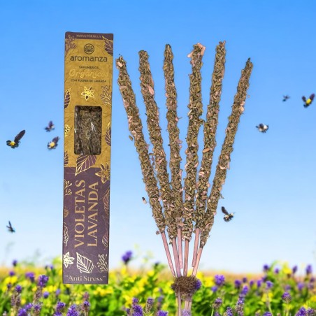 Sahumerio Orgánico Violetas y Lavanda con Flores de Lavanda Aromanza Argentina - 6 varillas naturales - Anti Stress