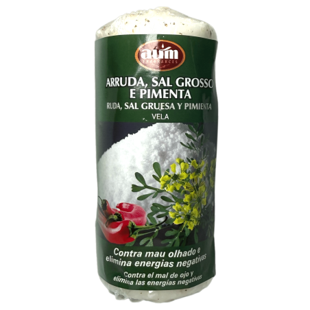 Vela Ruda, Sal Gruesa i Pebre AUM Fragrances 12x4,8cm - 170gr. 16h. - Contra Mal d'Ull i Elimina Energies Negatives