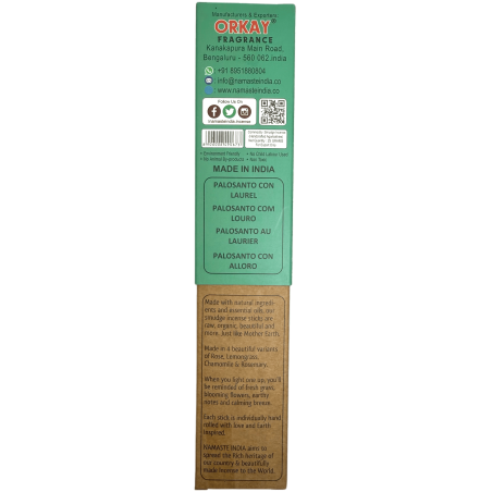 Incienso Natural de Palo Santo y Laurel NAMASTE INDIA Earth Inspired - Cajita de 25gr de Incienso Orgánico