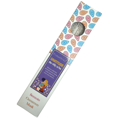 Incienso orgánico Gratitud Blissful Blends Vijayshree Benjuí, Canela y Almizcle - Cajita de 25gr.