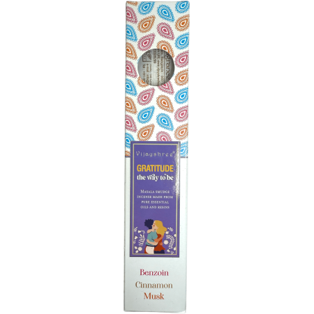 Incenso Orgânico Gratitude Blissful Blends Vijayshree Benjoim, Canela e Almíscar - Caixa de 25gr.