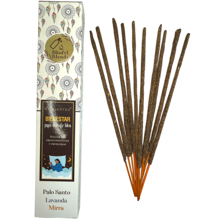 Incienso orgánico Bienestar Blissful Blends Vijayshree Palo Santo, Lavanda y Mirra - Cajita de 25gr.