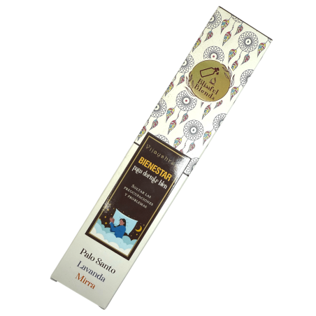 Incienso orgánico Bienestar Blissful Blends Vijayshree Palo Santo, Lavanda y Mirra - Cajita de 25gr.