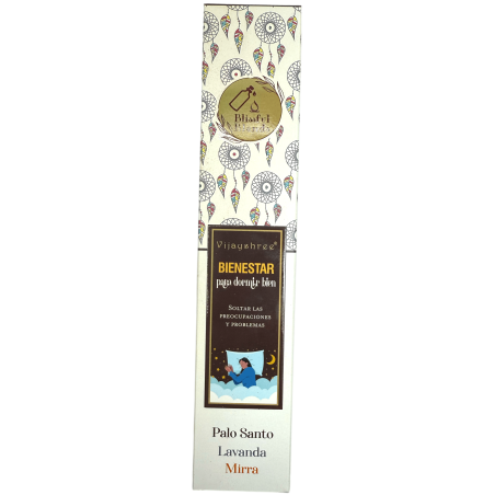 Incienso orgánico Bienestar Blissful Blends Vijayshree Palo Santo, Lavanda y Mirra - Cajita de 25gr.